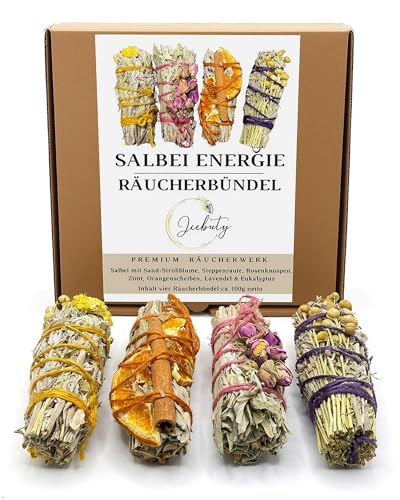 JEEBUTY Salbei Energie Räucherbündel 4 Stück ca. 10cm & 100g zum Räuchern Räucherset