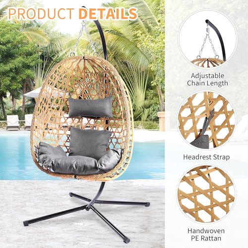 LHBCraft Hanging Egg Chair with Stand, Patio Wicker Swing Chair, Hammock Style with 350LBS Capacity for Bedroom, Balcony, or Garden (Yellow-Grey) - Thumbnail 5