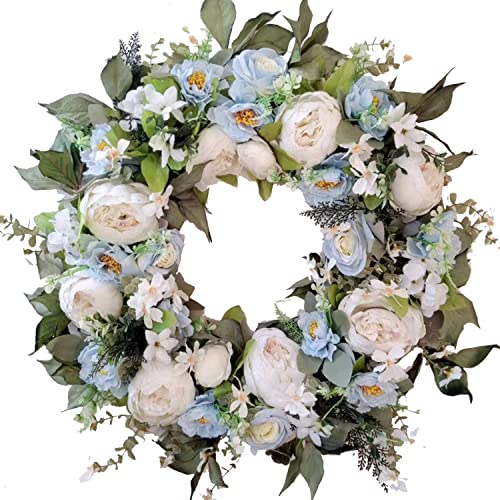 WANNA-CUL 24 Inch Spring White Peony Floral Wreaths for Front Door,Spring Wreath with Baby Blue Rose Flower for Wedding or Mothers Day Wreath Decor