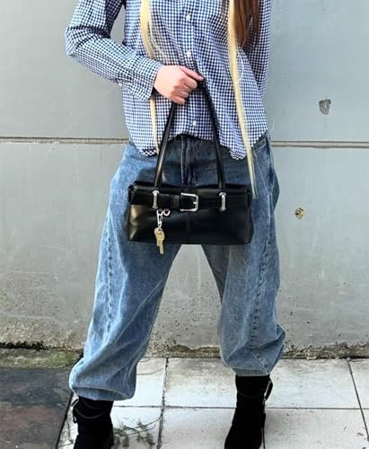 Key Chain Shoulder Bag Y2k Belted Handbag Faux Leather Grunge Purse for Women Top Handle Bag 2000s Streetwear3