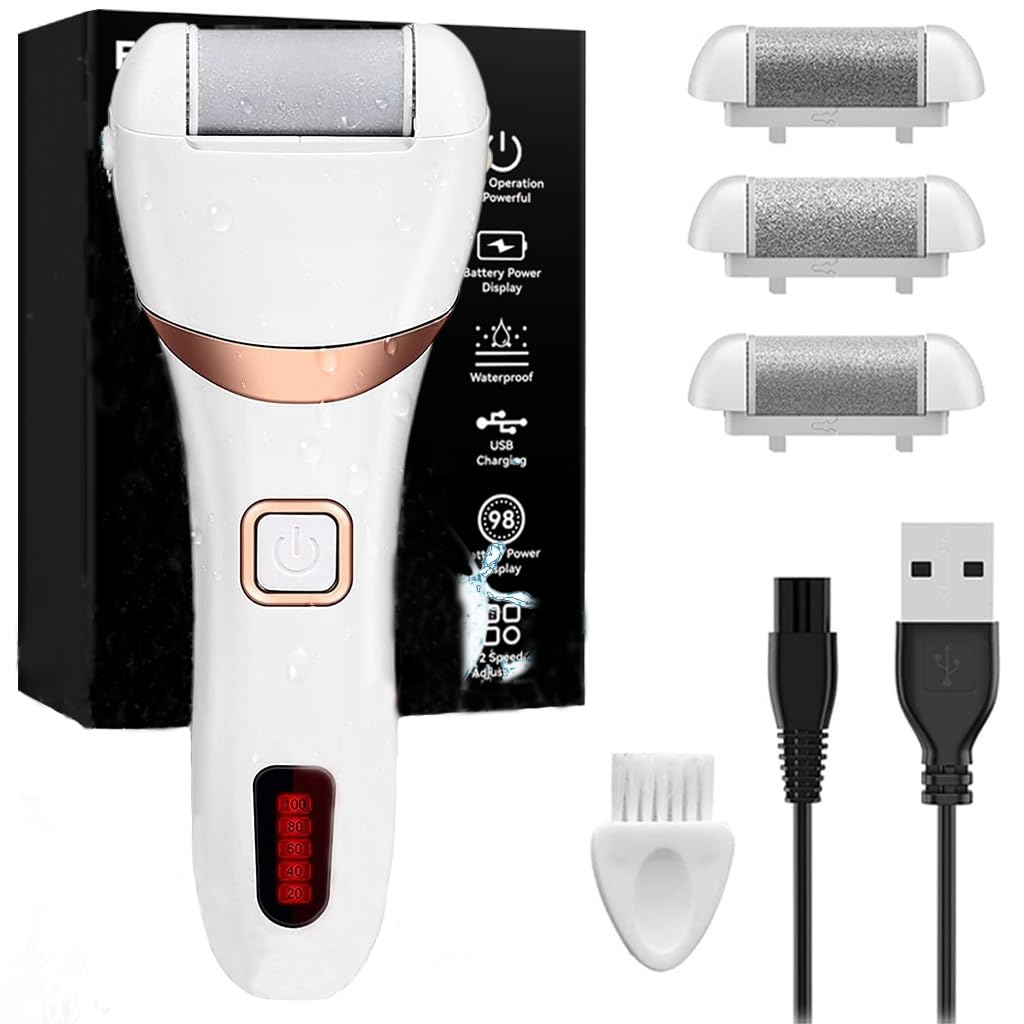 MAYCREATE® Callus Remover Pedicure Kit for Women with 3 Interchangeable Head Rollers Rechargeable Portable Foot Scrubber for Dead Skin Waterproof Pedicure Machine Foot Spa Electric