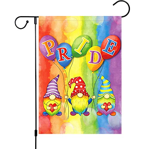 WODISON Gnomes LGBT Gay Lesbian Bisexual Pansexual Pride Garden Flag, Rainbow Watercolor Burlap Small Yard Flag Double Sided, Outdoor Decoration For Yard Home 12 x 18 Inch (ONLY FLAG)