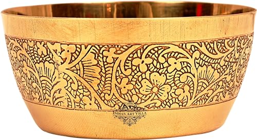 Indian Art Villa Embossed Design Brass Serving Bowl, Serveware & Tableware, Home Hotel Restaurant, Volume- 7 Oz