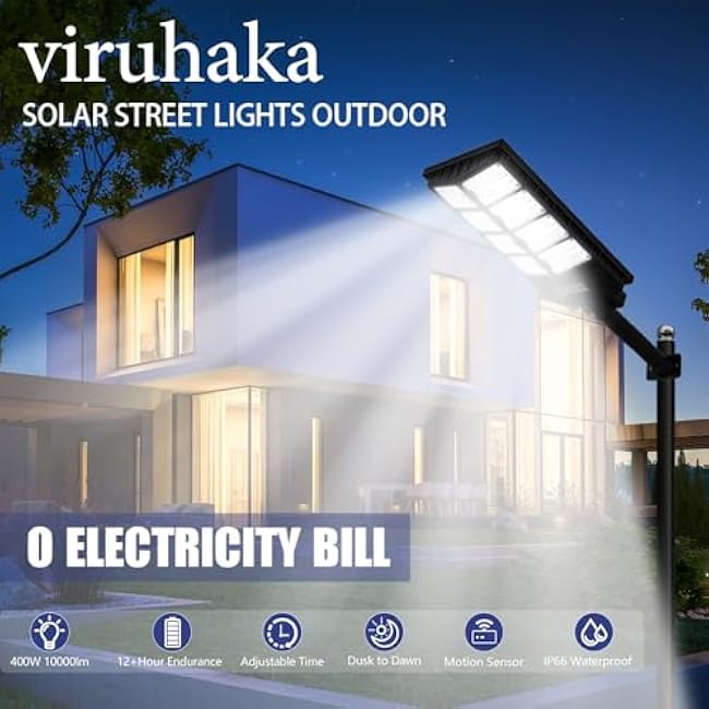 Viruhaka Solar Outdoor Lights,448LEDs Street Lights with 20000LM Hight Brightness, IP66 Waterproof Security Flood Light, Dusk to Dawn Solar Street Lights,for Exterior Wall, Patio, Yard, Deck, Garden
