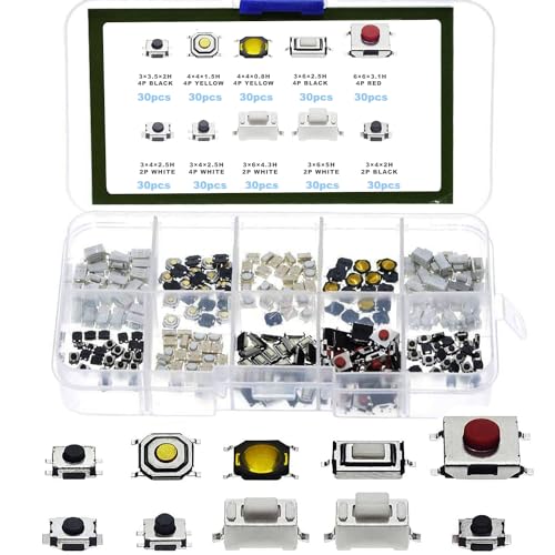 VISSQH 10 Value 300 Pieces tactile switch, Micro Switch smd taster Tactile Pressure Switch mini push button switch for Car Remote Control Key DIY and small power electronic projects