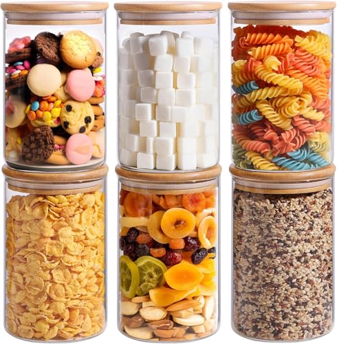 Image of 1050ML Glass Food Storage Jars Containers,Set of 6 Storage Jar with Airtight Bamboo Lids Kitchen Canisters For Coffee, Flour, Sugar, Candy, Cookie, Spice (Round 1050 ML, Set of 6)