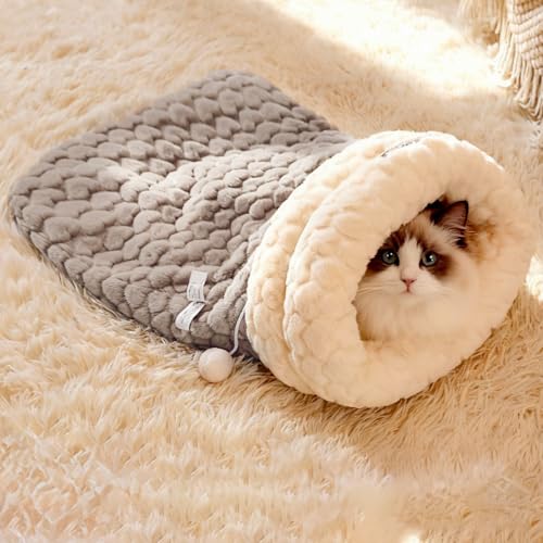 Wag&Wink 保温アップグレード 秋冬 ペット用寝袋 布団 猫ベッド 冬 暖かい 防寒 ハート柄 もこもこ ハウス 保温小型犬 猫 寝床 可愛い 柔らか 顎のせ 綿フランネル+コールテン+ファー ブルーグレー/ココアブラウン (ブルーグレー)