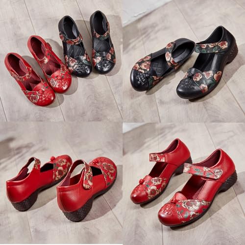 Women's Leather Mary Jane Dress Pumps,Comfort Vintage Print Woven Closed Toe Low Block Heels Soft Sole Casual Shoes3