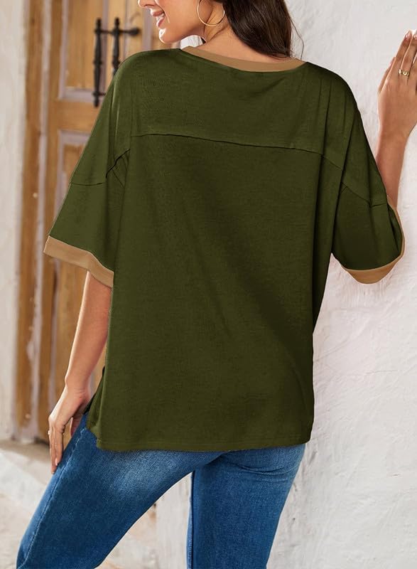 Dokotoo Summer Tops for Women 2026 Loose Oversized T Shirts Crewneck Color Block Side Slits Basic Tee Blouses - Image 2