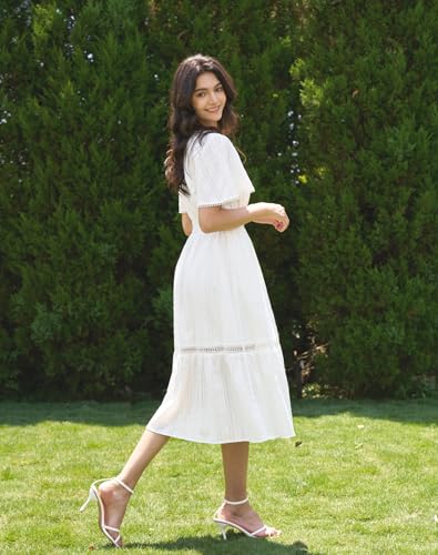 Image of Olaesa Women's Summer V Neck Smocked Cotton Dresses Puff Sleeve Flowy A Line Midi Wedding Guest Dress with Pockets