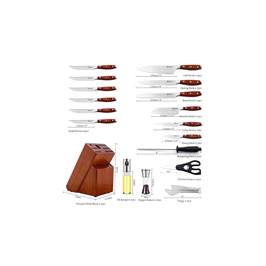HISSF Kitchen Knife Set 18 Piece German High Carbon Stainless Steel Kitchen Knife Sets with Wooden Block, Full Tang Triple Rivet kitchen Knife Block Set for Gift, Chef Knife Set