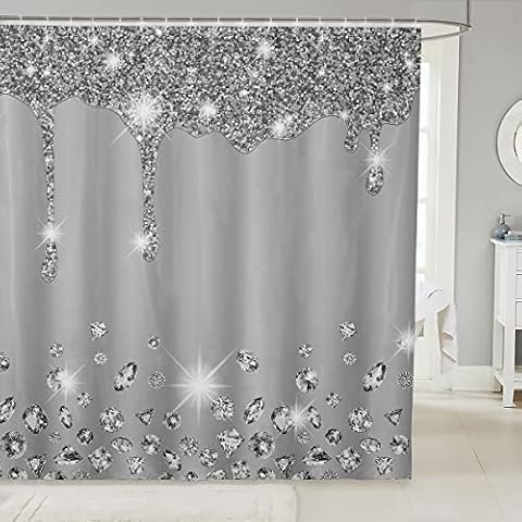 Loussiesd Silver Glitter Shower Curtain (No Glitter) Bling Partyations Grey Bathroom Fabric Shower Curtain Set for Diamond and Jewelry Bath Curtain Waterproof Curtains Stalls Bathtubs 72x72 Inch Cover