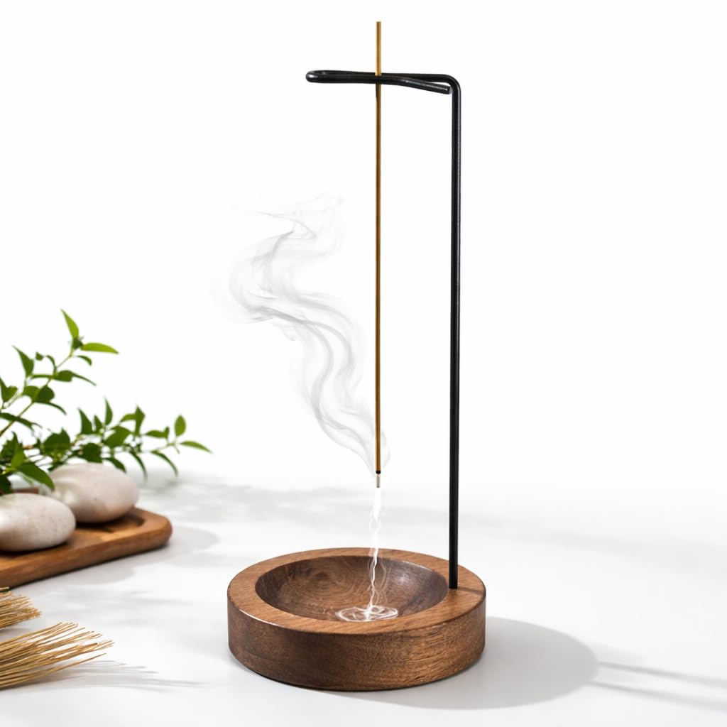 Upside Down Incense Stick Holder with Ash Catcher Bowl, Wooden and Metal Hanging Incense Burner, Clean Ash Collecting Design for Meditation, Yoga, Home, Office and Relaxation Spaces