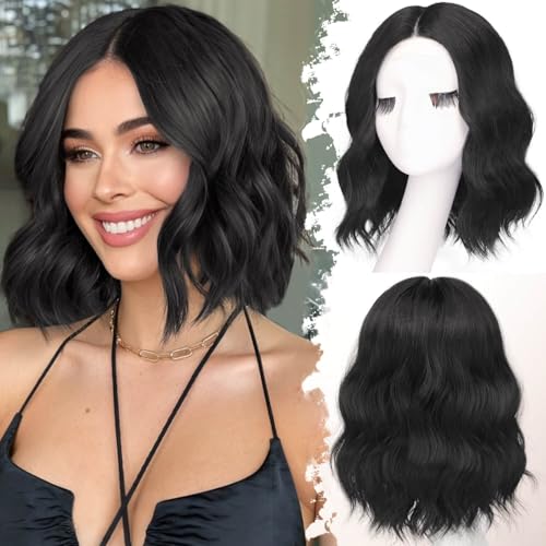 Image of Eawwii Wigs for Women Black,Short Wavy Synthetic Lace Wig 12 Inch | Glueless 4x1 Lace Hairline, Heat-Resistant Fiber,Bob Wave Style,Natural Appearance for Everyday Cosplay