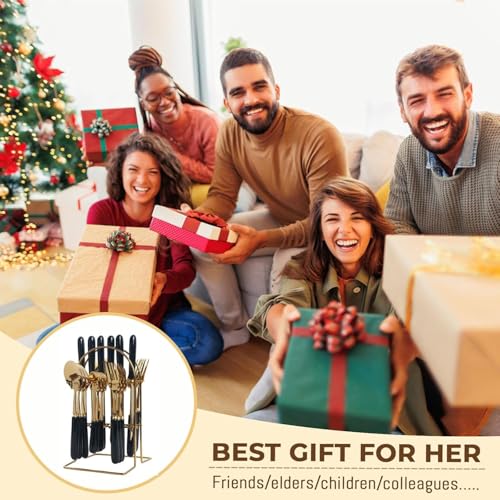 Image of Artek Stainless Steel Spoons, Forks & Knives Set of 24 with Stand and Ceramic Handle Golden Cutlery Set (Black)