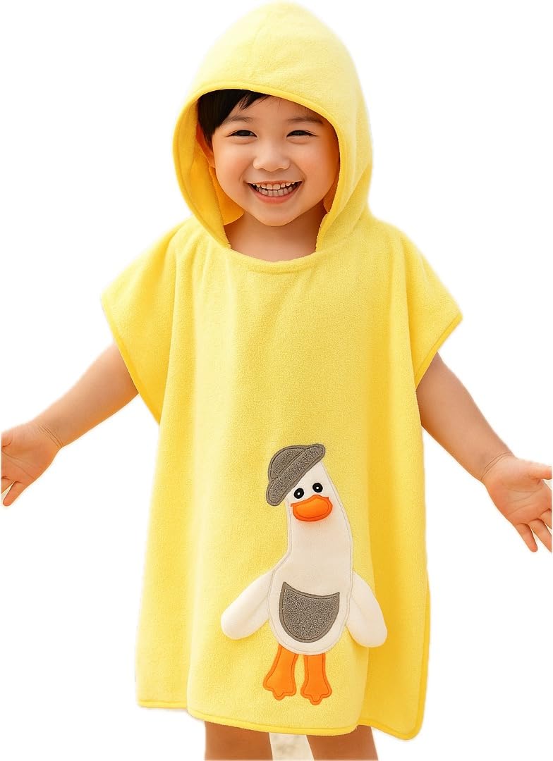 DIVYAM Kids Cute Yellow Duck Design Bathrobe Hooded Poncho Towel, 70x70 cm - 430 GSM Soft Coral Velvet, Quick-Dry Wearable Towel for Boys & Girls, Snap Buttons, Ages 3–9 Years