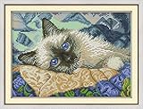 Amiiba Geprägtes Kreuzstich Kits, The Blue Eyes Cat Kitten Animal DIY 11CT 38,9 x 26,9 cm (Katze)
