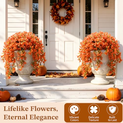 Image of Lewondr Artificial Fall Hanging Flowers UV Resistant Bougainvillea, Orange | 2PCS Faux Silk Long Trailing Vines, Fade Proof, Fake Flowers for Autumn Decorations, Front Door Porch Planter Urn Patio
