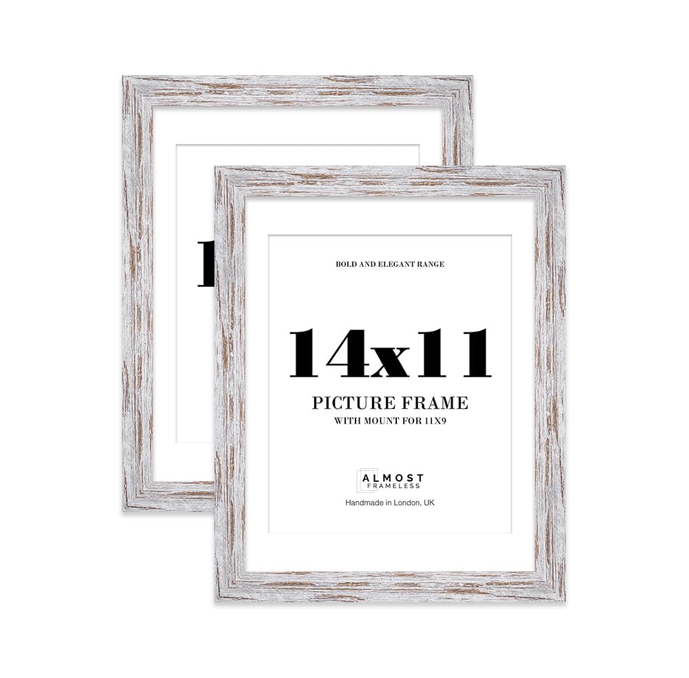 14x11 Distressed Wood Frame With Mount for 11x9 Pictures 28mm Edge Portrait and Landscape Display with Wall Hooks and Kickstand, 2 Pack