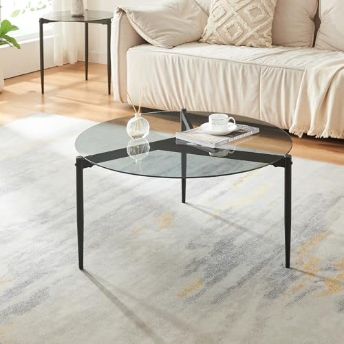 [en.casa] Table Basse de Salon avec Plateau Rond en Verre Fumé 3 Pieds Stables Style Moderne Design Intemporel pour Bureau Séjour Entrée Acier 80 x 40 cm...