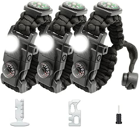 20 in 1 Survival Paracord Bracelet Adjustable Gear Kit with SOS LED Light, Fire Starter, Bigger Compass, Survival Whistle, Perfect for Camping, Hiking, Fishing