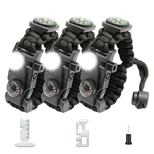 20 in 1 Survival Paracord Bracelet Adjustable Gear Kit with SOS LED Light, Fire Starter, Bigger Compass, Survival Whistle, Perfect for Camping, Hiking, Fishing