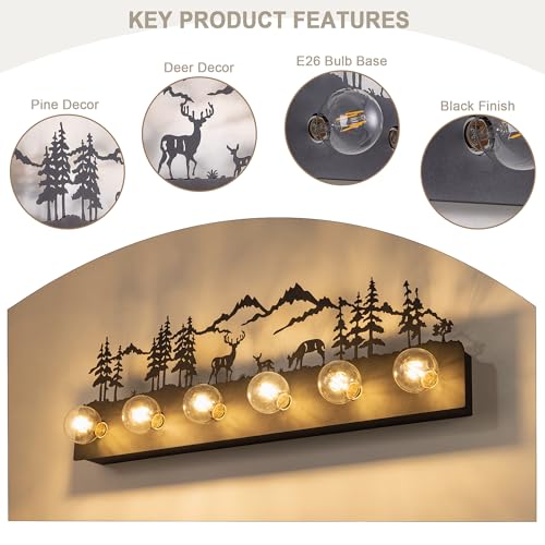Image of TOCHIC Rustic Bathroom Vanity Light, 6-Light Black Vintage Farmhouse Bathroom Light Fixtures over Mirror for Makeup Shaving, Dimmable Western Deer Wall Sconce for Powder Room, Cabinets, Bedroom, 36 inch L