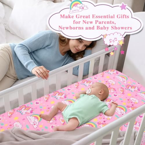 Image of JISEN Baby Fitted Crib Sheets for Boys Girls 52x28 Inch Pink Unicorns
