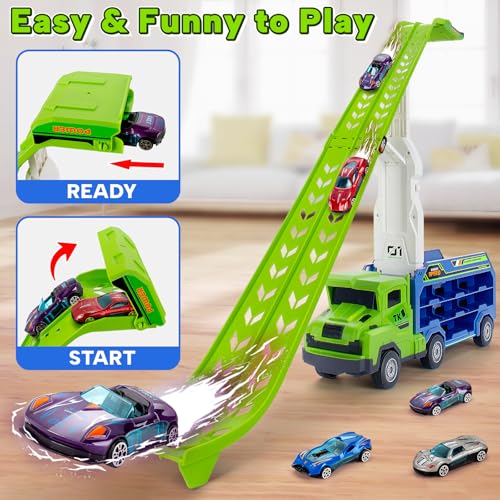 Image of Carrier Truck Toy for 3-5 Year Old Boy, 27 In Race Track, 6 Metal Cars