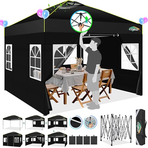COBIZI 10x10 Pop up Canopy Tent with Sidewalls,One Push Setup Tent for Parties, Waterproof & UV 50+ Outdoor Commercial Gazebo with Air Vent, Reflective Strip,4 Sandbags for Garden, Beach,Black