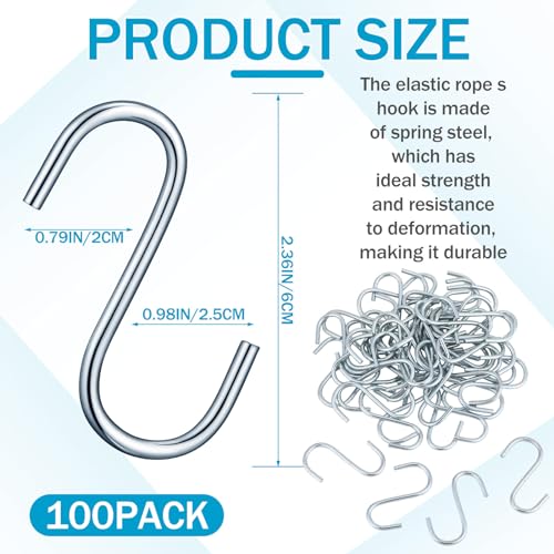 Image of Yaocom 100 Pcs Bungee Cord S Hooks Bulk Rust Resistant Steel Tarp Strap Bungee Cords Heavy Duty Metal S Hooks for Elastic Rope Nylon Fiber and Natural Rubber