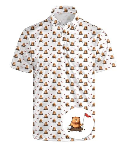 Groundhog Golf Polo Shirts for Men Funny Golf Shirt Moisture Wicking Quick-Dry Short Sleeve Polo Shirts