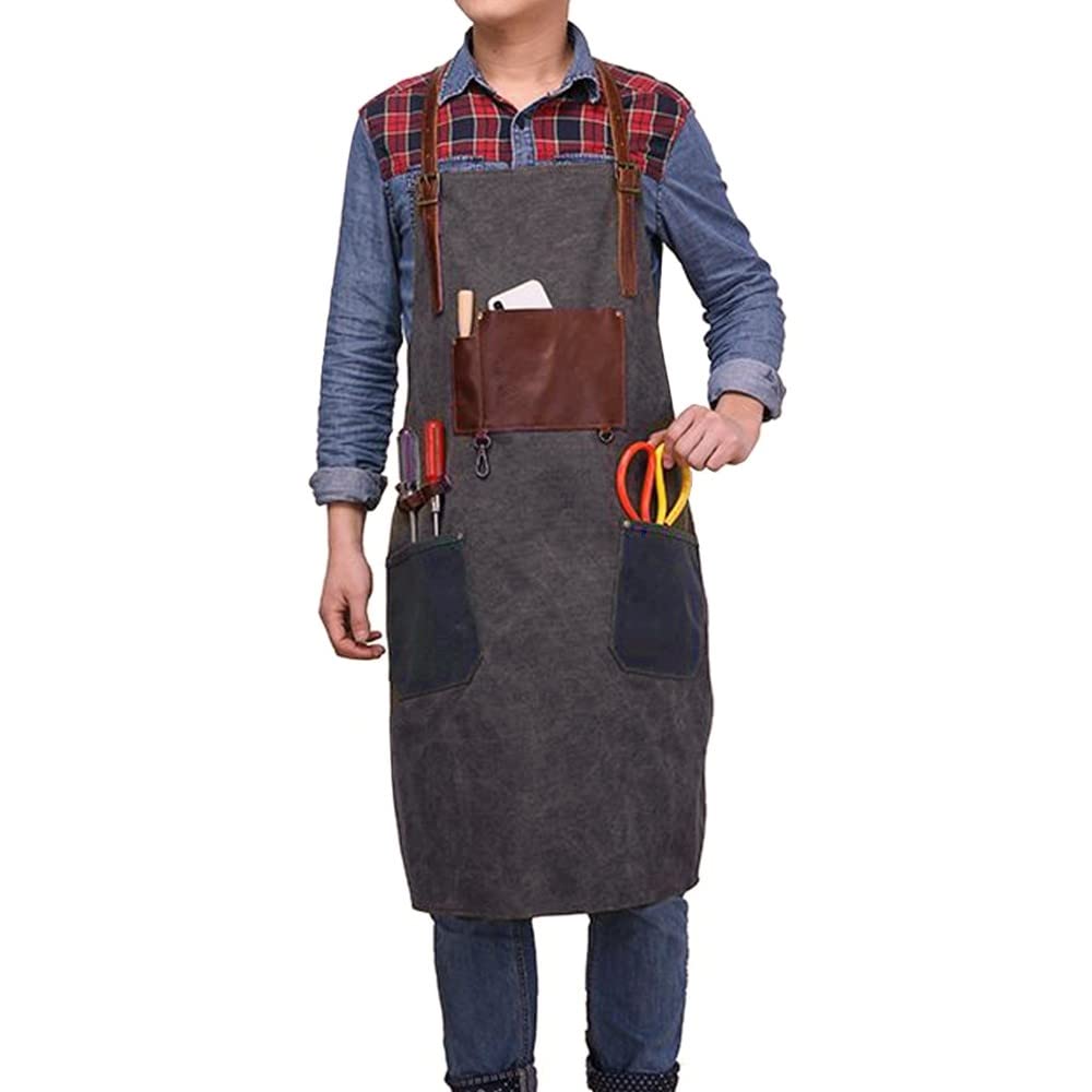 DONGKER Delantal de cocina, delantal de lona, para barbacoa, 16 onzas, delantal de trabajo con 3 bolsillos para hombres y mujeres, barbacoa, cocina