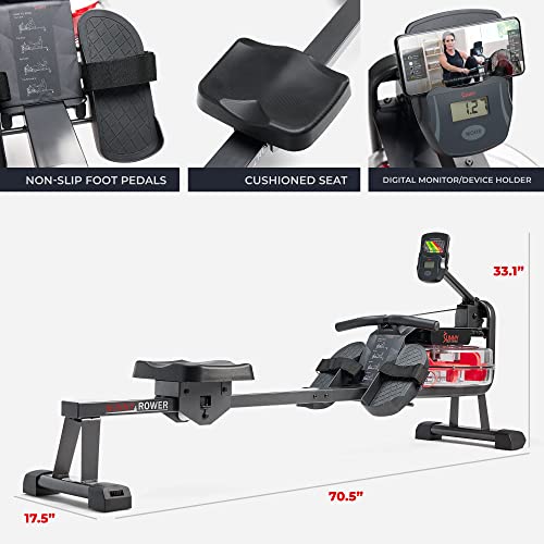 Image of Sunny Health & Fitness Premium Water Rower w /Intensive Dynamic Real-Time Resistance, 300 LB Capacity Flip-able Rowing Machine for Home Training, Optional Free SunnyFit App Connection