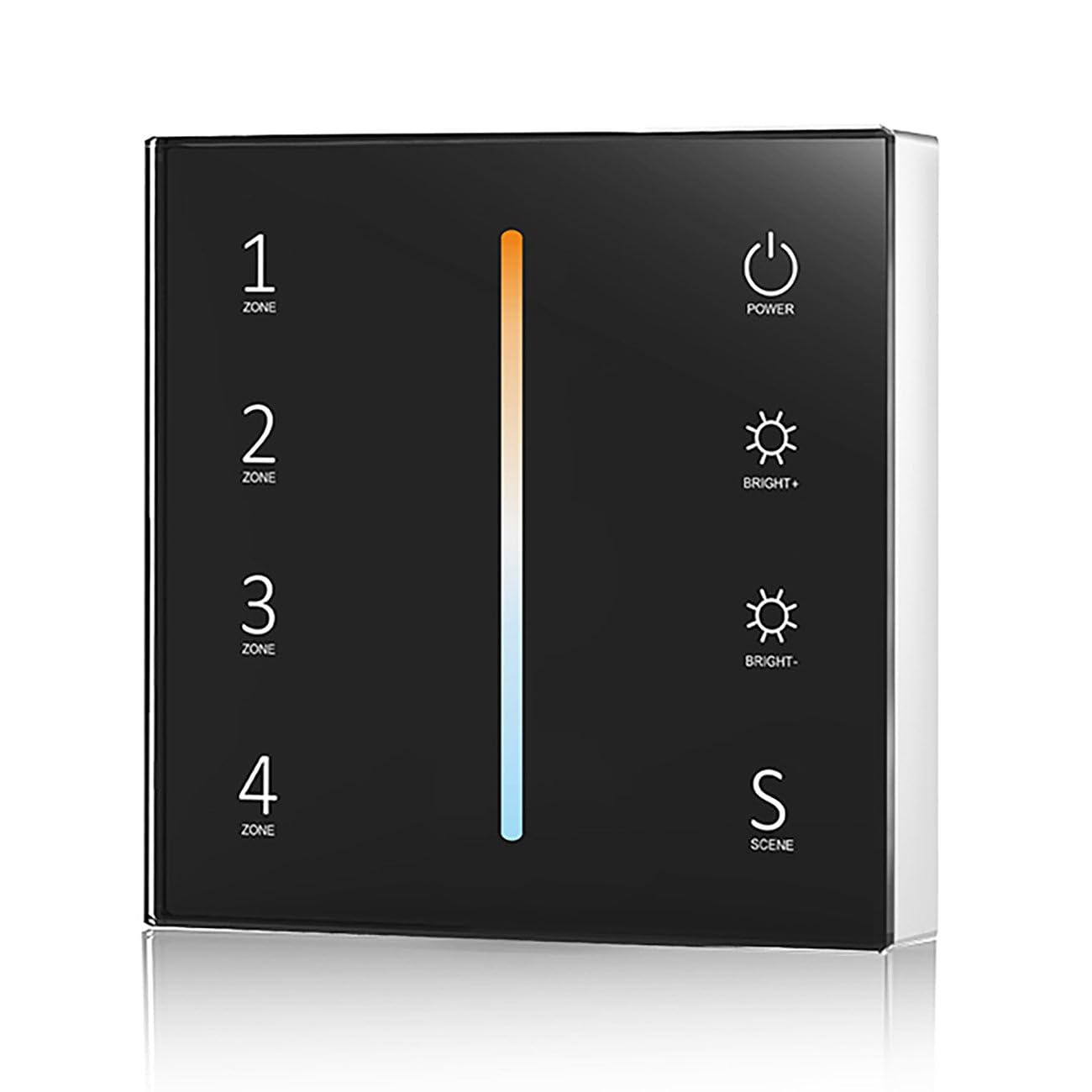 Black 4 Zone 2.4GHz RF Wireless Wall Mounted Touch Glass Panel Remote Control for CCT LED Strip Lights (2xAAA Batteries)