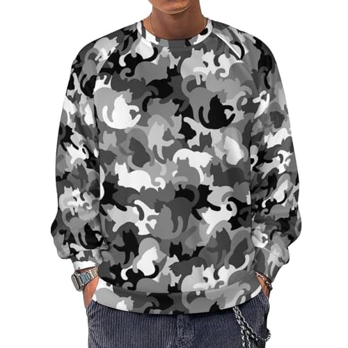 VOSERY Grey Cat Camouflage Sweatshirt for Men, Crewneck Mens Hoodies, Long Sleeve Pullover Sweaters Casual Tops