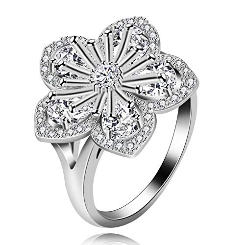 Uloveido Platinum Plated White Sakura Flower Rings with Pear Cut Cubic Zirconia Wedding Peach Blossom Ring Engagement Y581
