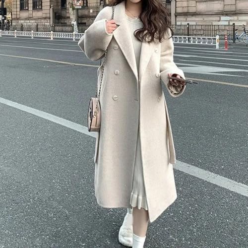 Abrigo de lana de longitud media para mujeres de talla grande, ajuste holgado, chaqueta de otoño e invierno con estilo Hepburn y elegante aspecto coreano (S albaricoque)