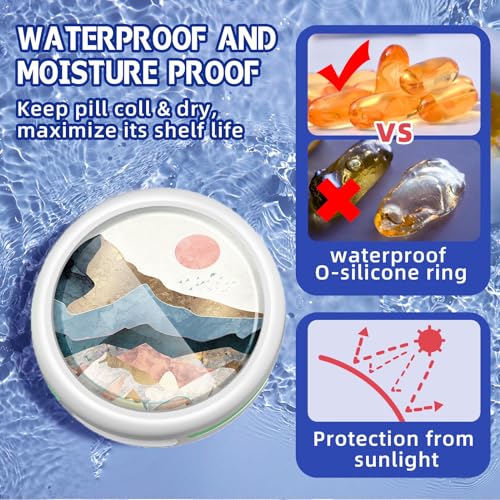 Image of Serfeymi Small Pill Box - 3 Compartments Portable Pill Box for Purse Pocket, Compact Mini Travel Pill Case - Suitable for Medicine, Vitamin, Fish Oil, Supplements - White(Mountain Sunrise)