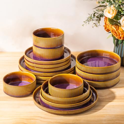 Image of Ceramic Dinnerware Set for 4, 16-Piece Plates and Bowls Set | Lightweight Porcelain Dish Set, Scratch Resistant, Oven & Microwave & Dishwasher Safe, Amber Amethyst
