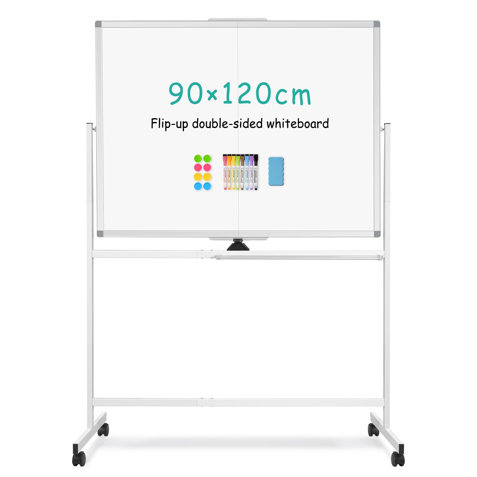 QUEENLINK Mobile Whiteboard 90×120cm Large Rolling White Board, 360°Rotation Magneitic White Board with Stand, Double Sides Whiteboard Easel on Wheels
