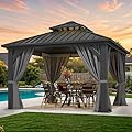DWVO 10x10ft Hardtop Gazebo Double Roof Hardtop with Nettings and Curtains, Heavy Duty Aluminum Frame Galvanized Steel Outdoor for Patio, Backyard, Deck, Lawns, Grey