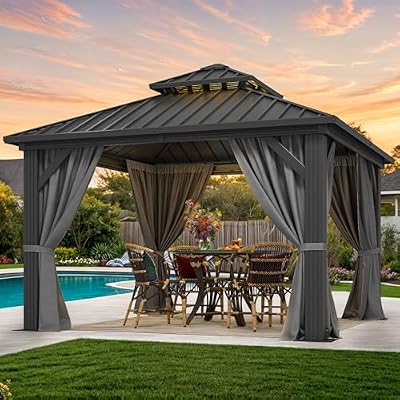 DWVO 10x10ft Hardtop Gazebo Double Roof Hardtop with Nettings and Curtains, Heavy Duty Aluminum Frame Galvanized Steel Outdoor for Patio, Backyard, Deck, Lawns, Grey
