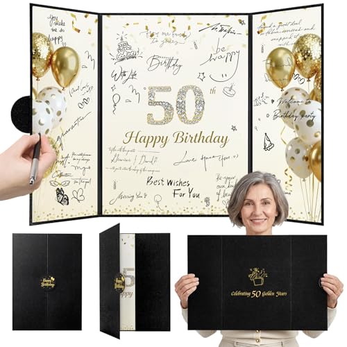 Image of 50th Birthday Guest Book Alternative, Black Gold Signature Board | 16.53 x 11.61 in trifold board, magnetic closure, starlight film, stands upright, pre-printed for 50th birthday wishes