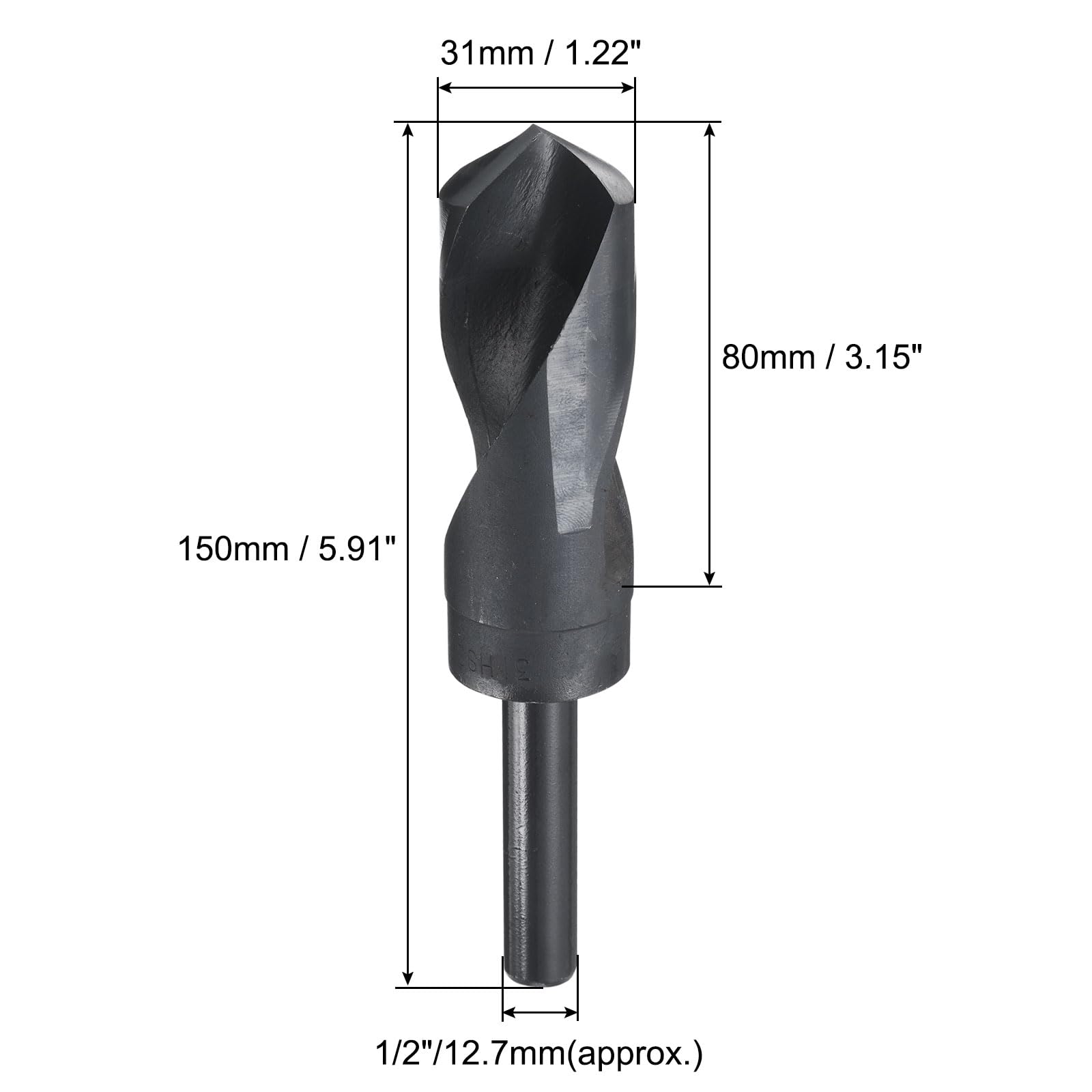 sourcing map Punta da trapano a codolo ridotto, 31 mm, rivestita in nitruro nero con gambo dritto da 1/2", in acciaio ad alta velocità, HSS 9341, punta elicoidale per acciaio inossidabile, lega,