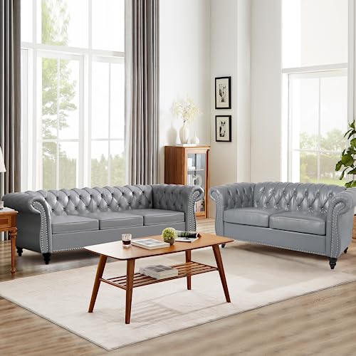 Image of QHITTY 2 Piece Living Room Set, Sectional Chesterfield Sofa Chair Contemporary Upholstered Leather Loveseat Couch Sets for Living Room, Bedroom, Office