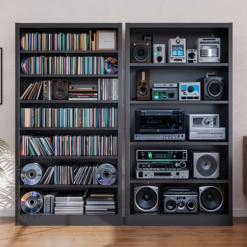 Image of 55 inch Media Storage Cabinet, Metal CD Storage Rack with 6 Adjustable Shelves, Large DVD Storage Shelf Rack for Living Room, Home Entertainment (Black)