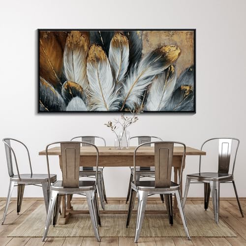 Image of Mofutinpo Framed Wall Art Modern Living Room Bedroom Wall Decoration Large Canvas Painting Artwork for Home Decor Gold Brown Feather Picture Ready to Hang 30x60 Size Black Framed