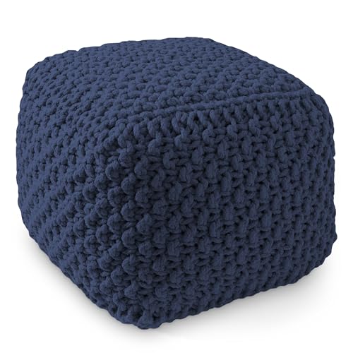 Image of Casafield Square Pouf Ottoman, Navy Blue 18.5" W x 18.5" D x 14.5" H Cotton Knit Foot Stool - Boho Floor Pouffe for Living Room, Bedroom, Home Office