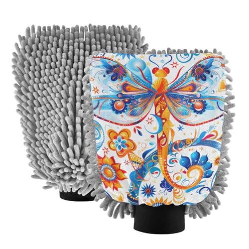 IOACIY Absorbent Microfiber Car Wash Drying Mitts, 2 Pack, Scratch-Free & Lint-Free, Rich Foam, Highly Absorbent, Double Sided, Wash Mitt Perfect for Car Washing, L, Dragonfly (3)